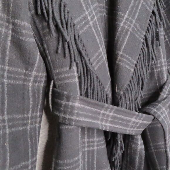 Michael Kors Fringe Belted Wrap Coat Medium Black Light Gray Plaid Wool Blend - Picture 3 of 14